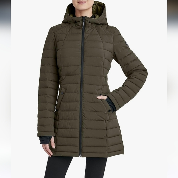 NWT HFX womens 3/4 Stretch Hooded Puffer Jacket, Water Resistant